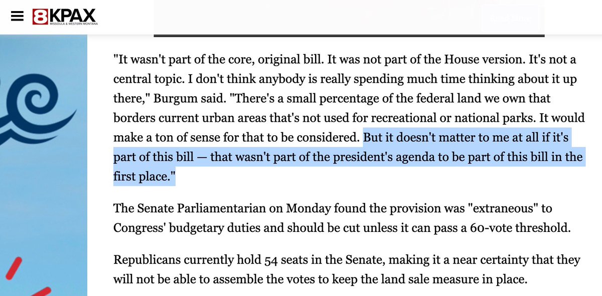 ChrisBarnardDL's tweet image. ๐จ Secretary Burgum clarifies that public land sales were never part of President Trumpโs plan for the One Big Beautiful Bill.
โThat wasnโt part of the presidentโs agenda.โ
Seems like the White House is distancing itself, especially given how unpopular this is.
