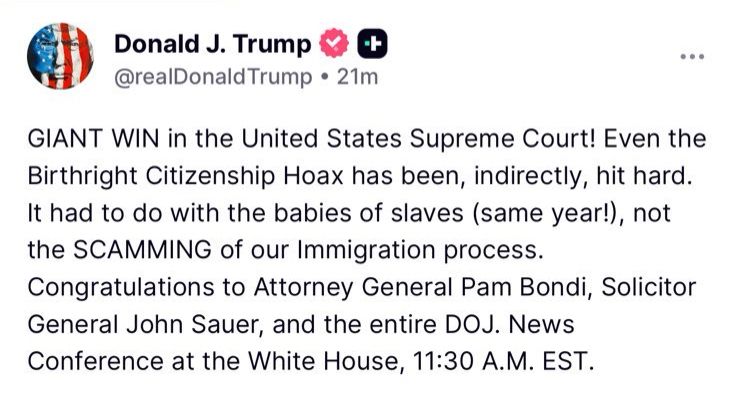 This is a lie (as usual). While I disagree with the decision, IT LEAVES THE INJUNCTIONS OF THE BIRTHRIGHT EO IN PLACE, just narrows them to the plaintiffs. It doesn't limit nationwide class actions which will be filed to achieve identical outcomes. The EO remains unconstitutional