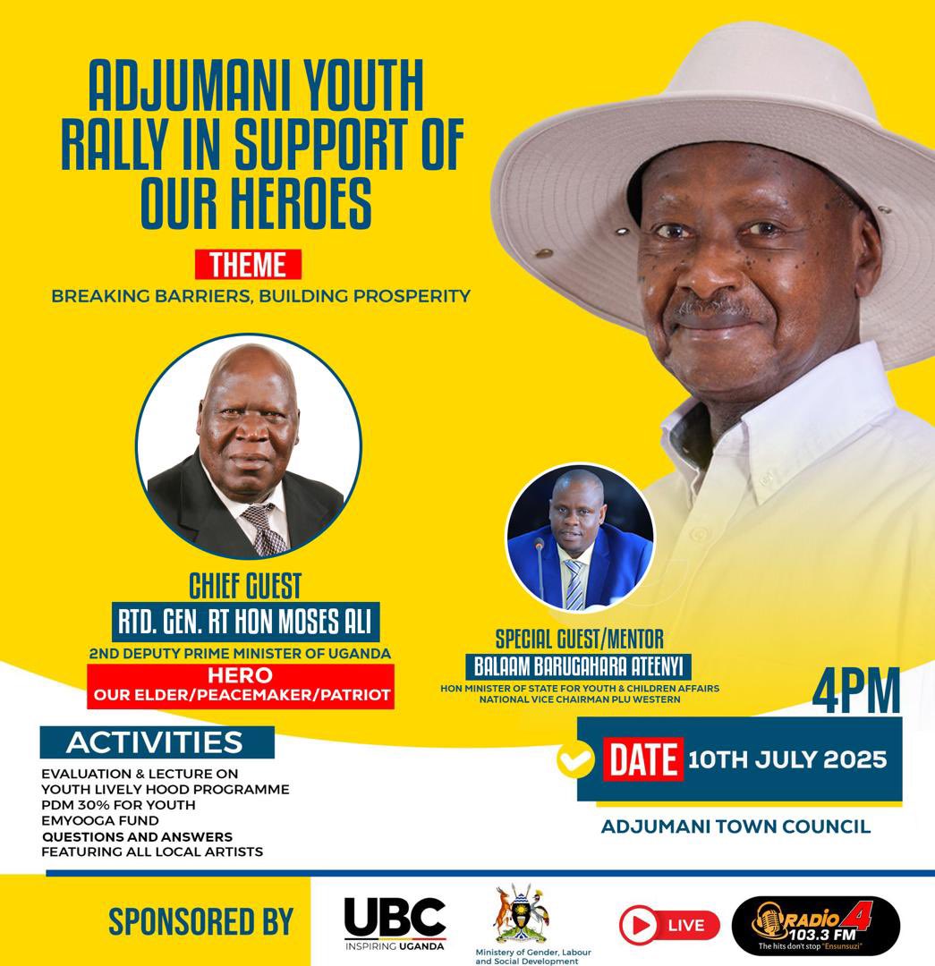 JosephJada2's tweet image. Finally, it's happening on the 10th of July 2025 at ADJUMANI TOWN COUNCIL BOMA GROUNDS. Dr Hon Minister @BalaamBarugahar will be live in Adjumani to rally support for H.E. @KagutaMuseveni and Gen Moses Ali. All @Plu supporters are expected to be around