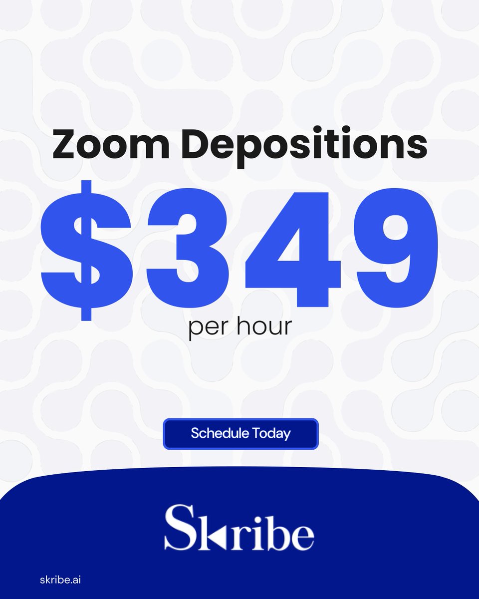 skribe_ai's tweet photo. For those of you paying more than $800, $1,200, or more per hour to take testimony ( especially Zoom depositions ), you don't have to.  

Skribe charges $349 per recorded hour. That's it.

$349 vs $800+ 

You choose. https://t.co/WhJtDbV9ux