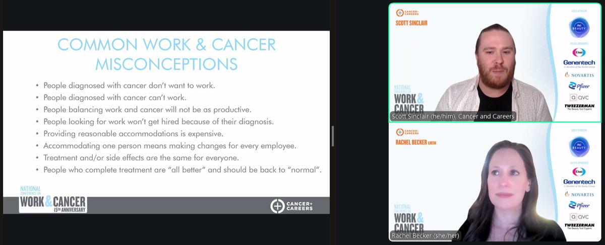 Senior Manager of Programs Scott Sinclair is starting our next session about common misconceptions about cancer and work which we often hear people encountering and can feel daunting. We know these aren’t true and we’re talking about ways to counteract misinformation.

#cacconf