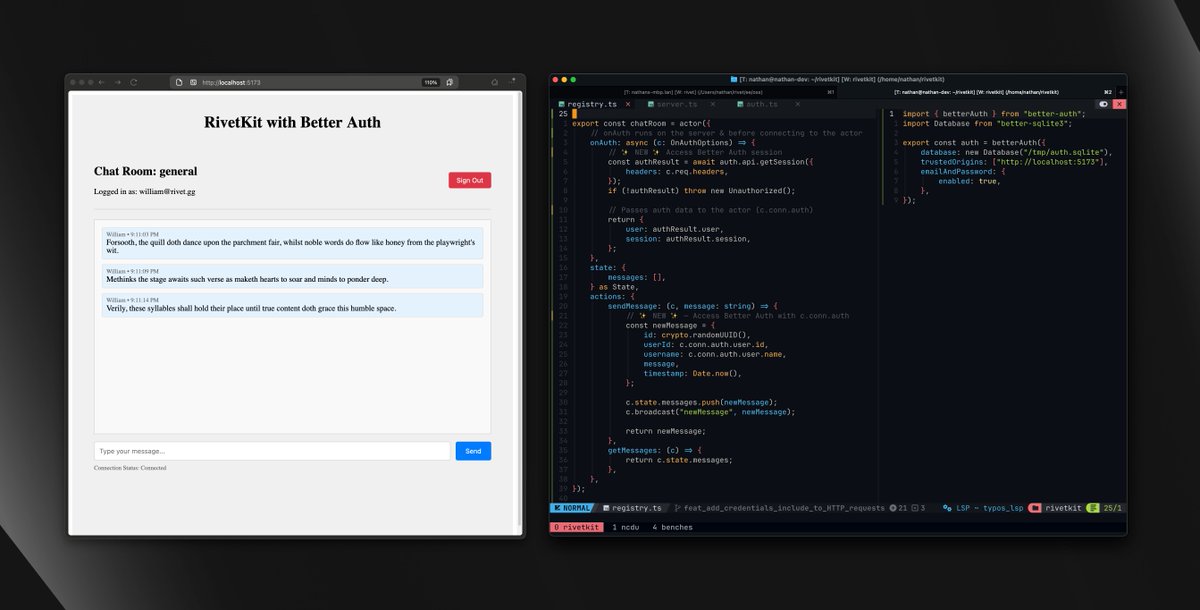 NathanFlurry's tweet photo. The @better_auth integration in @RivetKit_org turned out very clean 🧼 

One again: Libraries > SaaS

Integration guide below 🧵 https://t.co/L6Vn9YMOCk