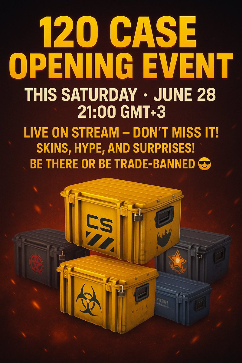 🎉 120 CASES OPENING EVENT! 🎉
🔫 CS Case Opening – LIVE on Stream
🗓️ This Saturday, 28 June
🕘 21:00 (GMT+3)
🎁 Giveaway INCLUDED! 
#Giveaway #cs2giveaway