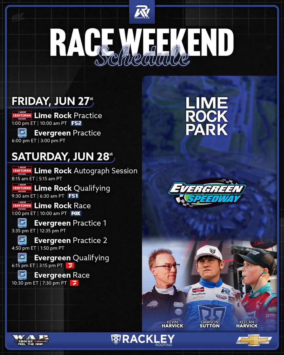 Rackley W.A.R. (@rackley_war) on Twitter photo A jam packed weekend for our team on the east and the west coast ✈️
📍 Lakeville, CT (<a href="/dawsonsutton_/">Dawson Sutton</a>)
📍 Monroe, WA (<a href="/KevinHarvick/">Kevin Harvick</a> and <a href="/KeelanHarvick/">Keelan Harvick</a>)
Here’s the weekend schedule 👇 A jam packed weekend for our team on the east and the west coast ✈️
📍 Lakeville, CT (<a href="/dawsonsutton_/">Dawson Sutton</a>)
📍 Monroe, WA (<a href="/KevinHarvick/">Kevin Harvick</a> and <a href="/KeelanHarvick/">Keelan Harvick</a>)
Here’s the weekend schedule 👇