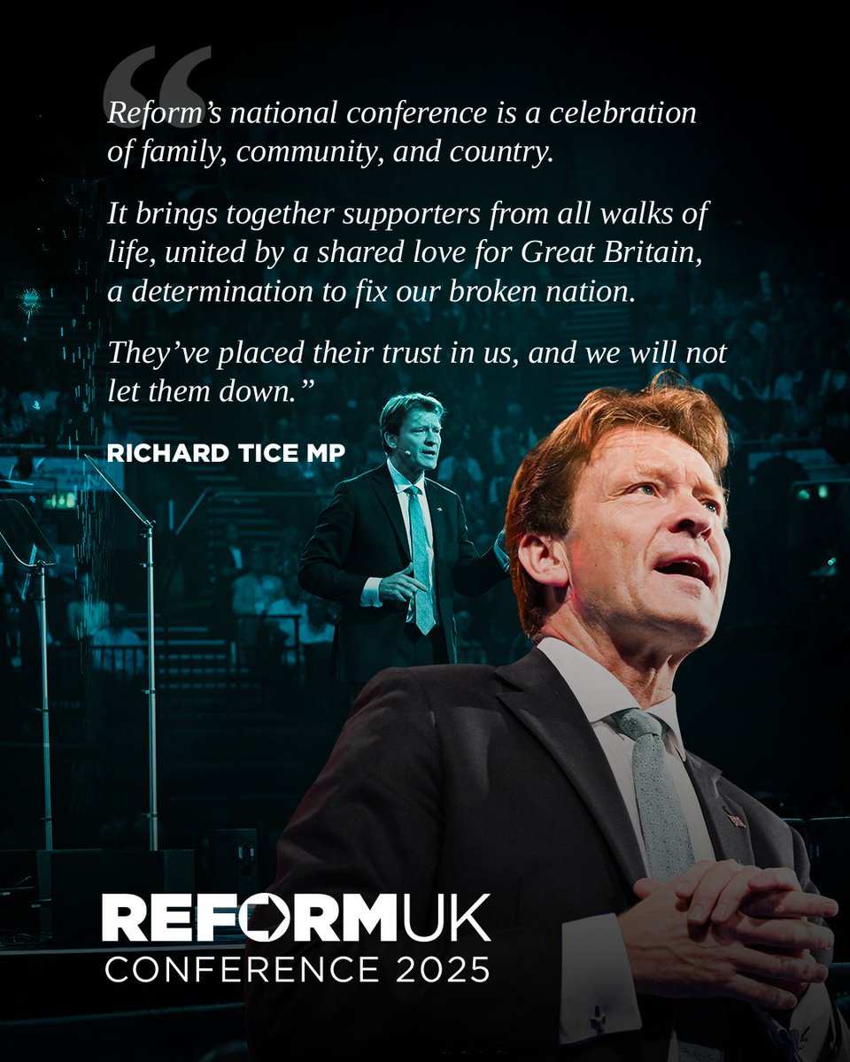 Reform UK (@reformparty_uk) on Twitter photo "Reform's national conference is a celebration of family, community, and country" — <a href="/TiceRichard/">Richard Tice MP 🇬🇧</a>
🎟️ Be part of Britain’s fastest-growing political movement, and grab your tickets now.
reformpartyconference.co.uk "Reform's national conference is a celebration of family, community, and country" — <a href="/TiceRichard/">Richard Tice MP 🇬🇧</a>
🎟️ Be part of Britain’s fastest-growing political movement, and grab your tickets now.
reformpartyconference.co.uk
