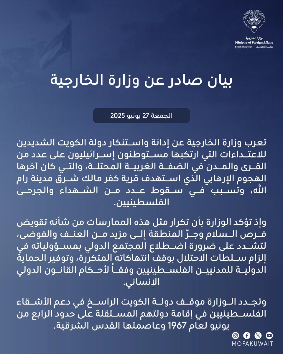 بيان صادر عن وزارة الخارجية
الجمعة 26 يونيو 2025

تعرب وزارة الخارجية عن إدانة واستنكار دولة الكويت الشديدين للاعتداءات التي ارتكبها مستوطنون إسرائيليون على عدد من القرى والمدن في الضفة الغربية المحتلة، والتي كان آخرها الهجوم الإرهابي الذي استهدف قرية كفر مالك شرق مدينة رام الله،