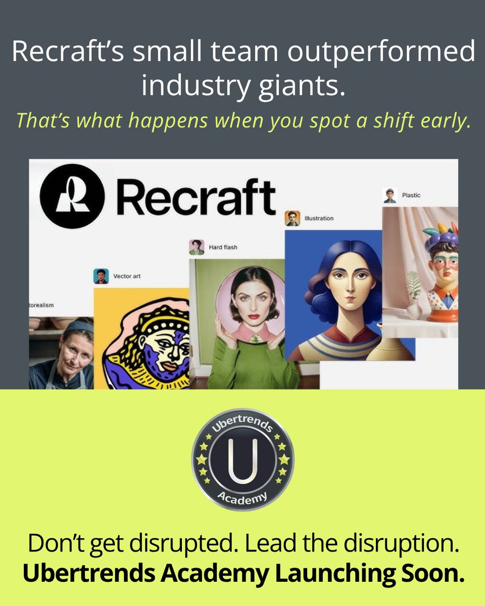 uberacademy's tweet image. How did a tiny startup beat the giants?

Recraft’s small team outperformed OpenAI &amp;amp; Midjourney — because they spotted the shift early.

👉 This is what disruption looks like. 

#UbertrendsAcademy #TechDisruption #FutureReady