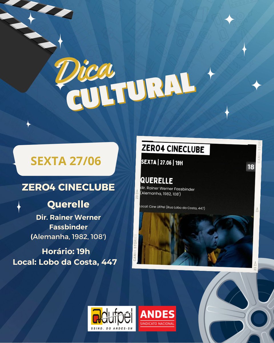 adufpel's tweet image. Confira a nossa dica cultural para este final de semana!

📽️ Cine UFPel - ZERO4 CINECLUBE 
Querelle - Dir. Rainer Werner Fassbinder (Alemanha, 1982, 108')
Data: 27/06 (sexta)
Horário: 19h
Local: Lobo da Costa, 447
#DicaCulturalADUFPel #CineUFPel #Zero4 #CineClube