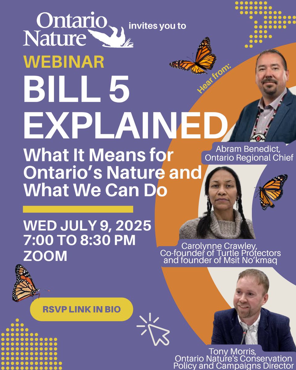 Join Ontario Nature for our free Bill 5 Explained: What It Means for Ontario's Nature and What We Can Do webinar. 
Happening Wed July 9 from 7-8:30 pm on Zoom.
RSVP here:
shorturl.at/FwiOu
Share widely!