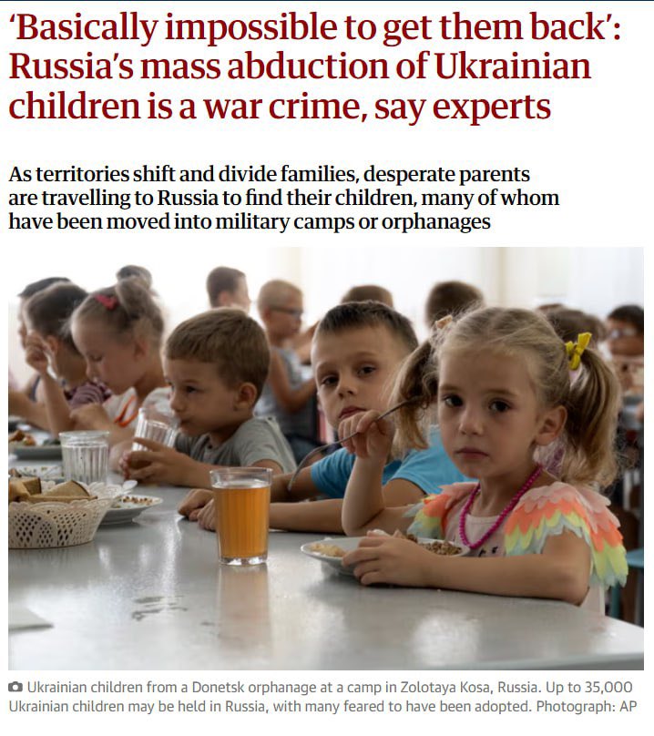 Russia’s abduction of Ukrainian children is one of the largest war crimes since World War II – The Guardian

The outlet reports that, according to Yale University estimates, around 35,000 Ukrainian children are either missing or presumed to be held by Russian forces.