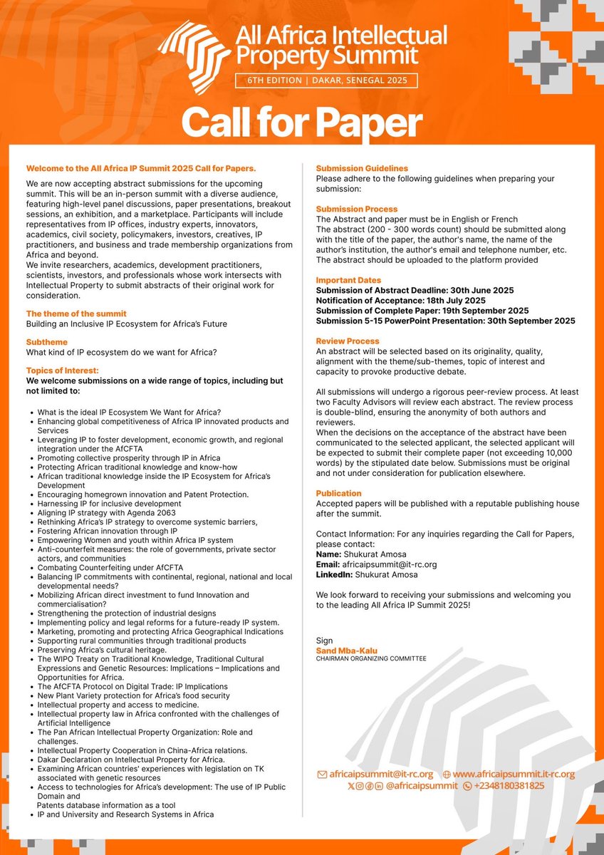 No paper 📑 ? No podium 👩🏽‍🏫!

Let’s fix that today 💻, Don’t wait another year.

📝 Call for papers closes in 3 days. BUT you still have time to be one of the voices shaping Africa’s IP future.

Don’t just scroll. Submit 👇🏽

africaipsummit.it-rc.org/call-for-paper…