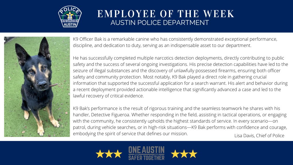 APDChiefDavis's tweet image. I’m so proud to announce K9 Bak with our Narcotics Support Unit as our Employee of the Week. His outstanding contributions, professionalism and dedication to serve are truly remarkable. Keep up the great work Bak!