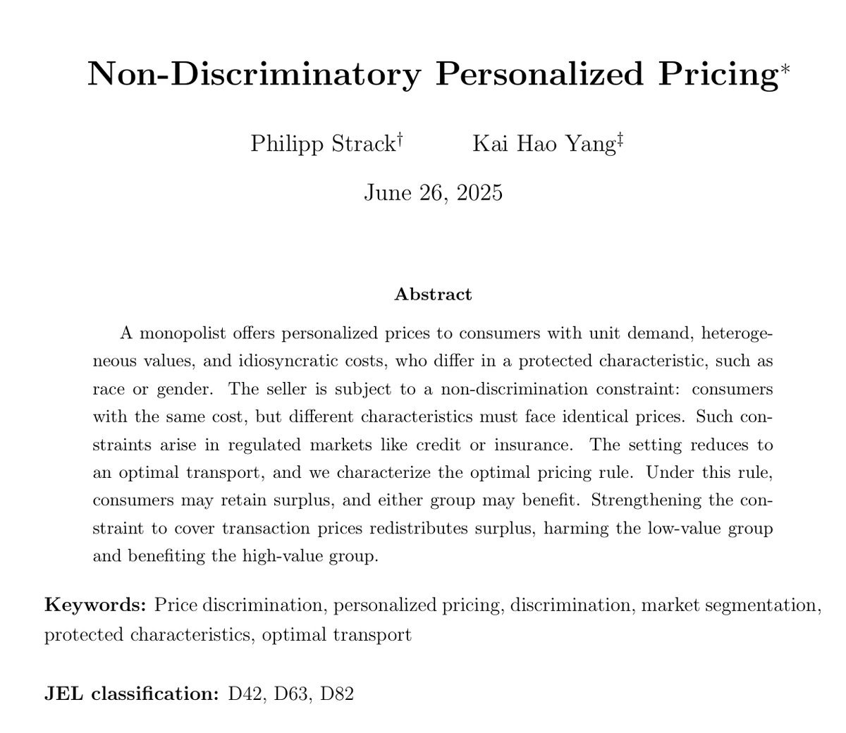 YaleCowles's tweet image. 📑 New Cowles Discussion Paper from Philipp Strack and Kai Hao Yang. To understand profit-maximizing pricing strategies under a non-discrimination constraint, read the paper here: cowles.yale.edu/research/cfdp-…