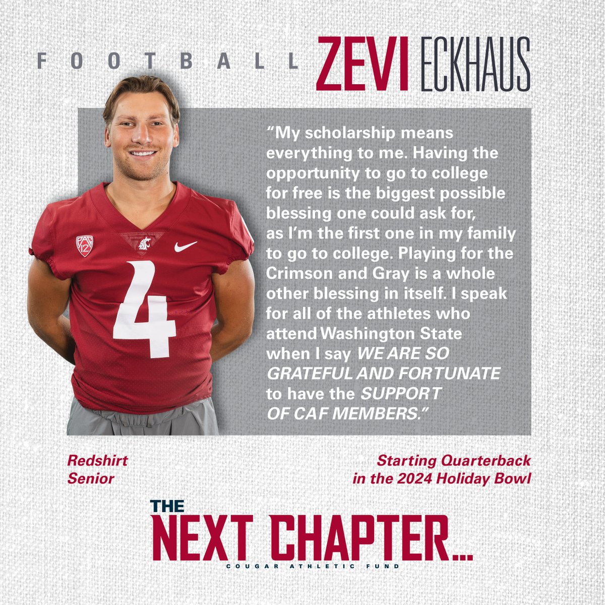 “My scholarship means everything to me." - <a href="/WSUCougarFB/">Washington State Football</a> Zevi Eckhaus

Thank you CAF members for the support you provide Zevi and all <a href="/WSUCougars/">Washington State Cougars</a> student-athletes!

Renew or join by June 30 and be a part of The Next Chapter at shorturl.at/cARsF

#GoCougs