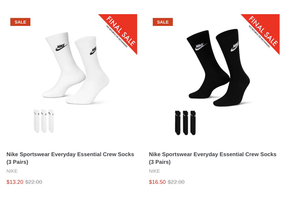 AD: 25% off - 40% off Nike Sportswear Everyday Essential Crew Socks (3 Pairs) via Millennium 

White $13.20 sovrn.co/52qk9vy
Black $16.50 sovrn.co/7bnrxlo