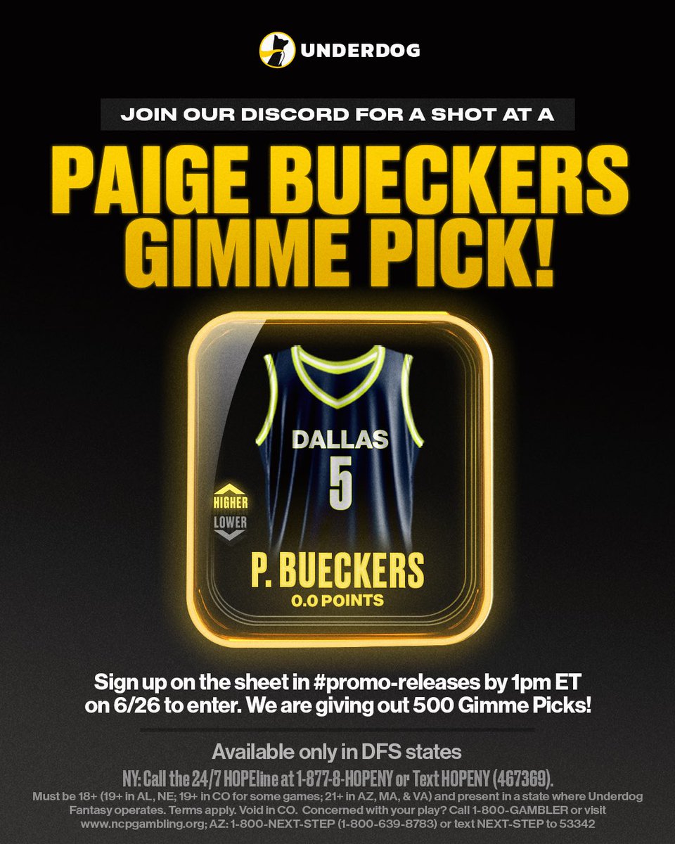 UnderdogPicks's tweet photo. We're upgrading 500 people's Paige Bueckers Discount to a Gimme Pick 🎁 

To qualify, sign up on the form found in our "promo-releases" channel in Discord by 3pm ET 👾

https://t.co/gyzPzlsuMe https://t.co/NRusfNt1u5