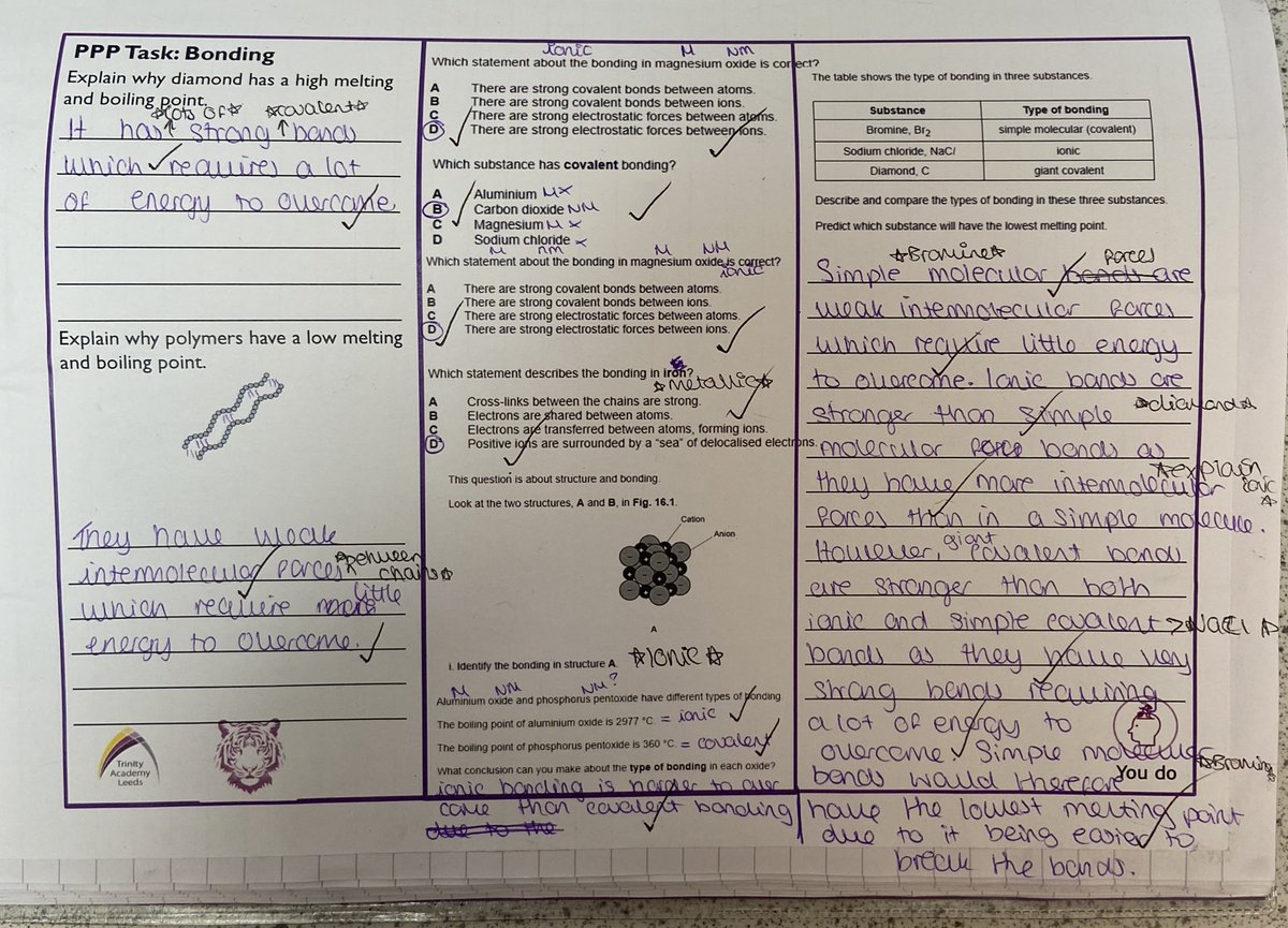 MissWadden's tweet image. Beautiful Feedforward work from my Y10 Triple group.  

Working hard to focus on some key ‘set answers’ to target the top grades. 💜🌟