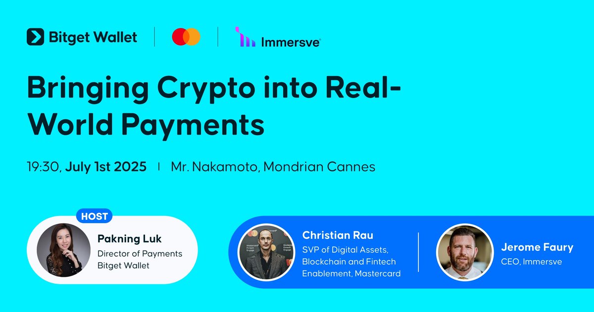 Bitget Wallet 🩵 (@bitgetwallet) on Twitter photo Heading to #ETHCC? Join our PayFi event 🛤️
Moderated by Pakning <a href="/BitgetWallet/">Bitget Wallet 🩵</a>, the panel features Christian <a href="/MastercardEU/">Mastercard Europe</a> & Jerome <a href="/immersve/">immersve</a> diving into: Bringing Crypto into Real-World Payments.
🇫🇷 Jul 1, 7.30pm
➡️ lu.ma/ujopqcui
#Crypto4Everyone Heading to #ETHCC? Join our PayFi event 🛤️
Moderated by Pakning <a href="/BitgetWallet/">Bitget Wallet 🩵</a>, the panel features Christian <a href="/MastercardEU/">Mastercard Europe</a> & Jerome <a href="/immersve/">immersve</a> diving into: Bringing Crypto into Real-World Payments.
🇫🇷 Jul 1, 7.30pm
➡️ lu.ma/ujopqcui
#Crypto4Everyone