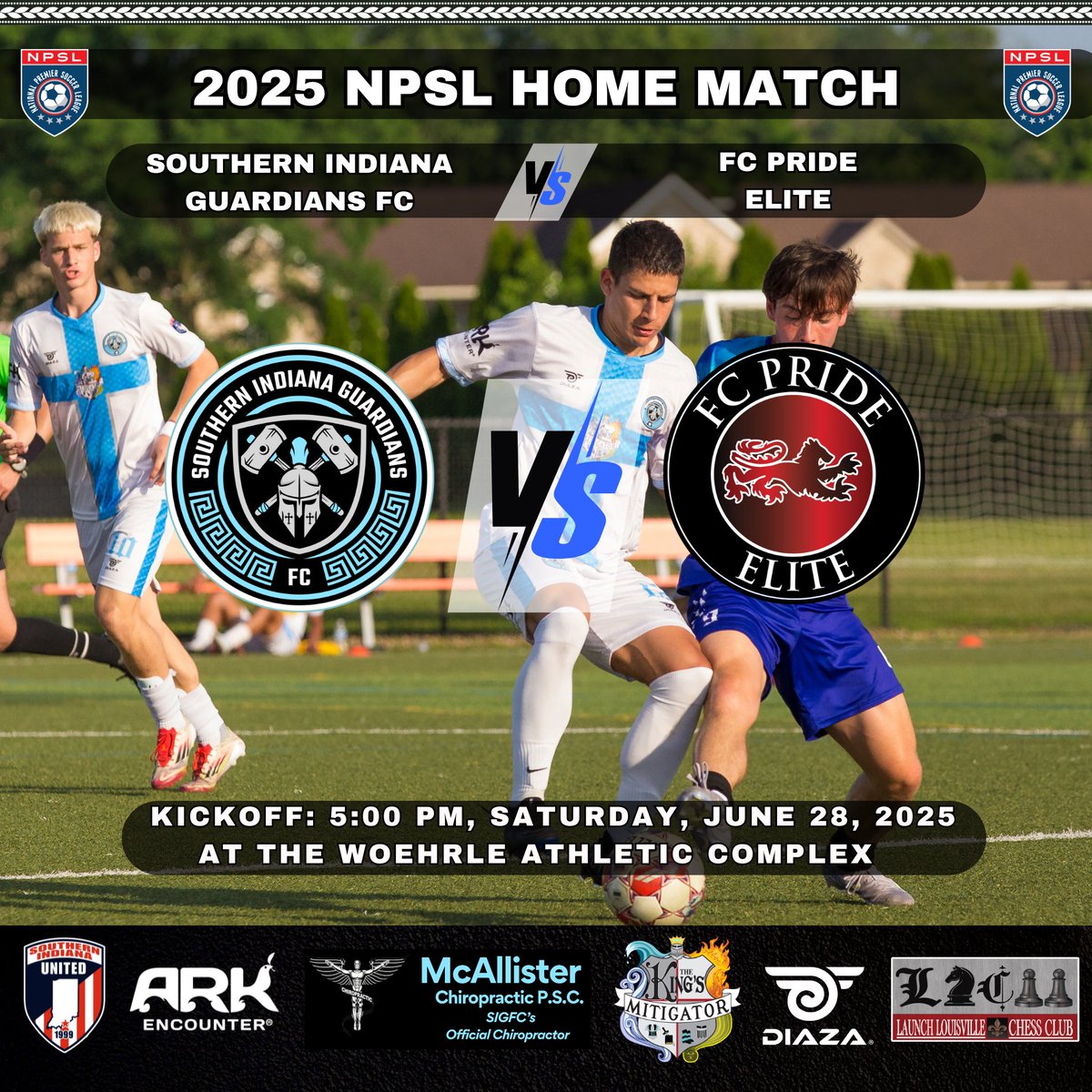 ⚽🔥 HOME MATCH ALERT 🔥⚽
Southern Indiana Guardians FC 🛡️ vs. FC Pride Elite 

📅 Saturday, June 28st
⏰ Kickoff: 5:00 PM
📍 Woehrle Athletic Complex

🎉 It’s our final 2025 NPSL Home Match — and you don't want to miss it!

Come cheer on your Southern Indiana Guardians FC as we
