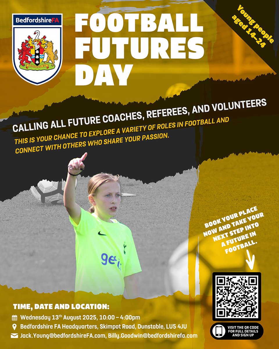 ⚽️FOOTBALL FUTURES DAY⚽️

Book your place now and take your next step into a future in football FOR FREE!

📅 WED 13th Aug 2025
⏲️10:00am - 4:00pm
📍Bedfordshire FA HQ, Skimpot Rd, LU5 4JU

For more information👇
app.smartsheet.com/b/form/63b33dc…