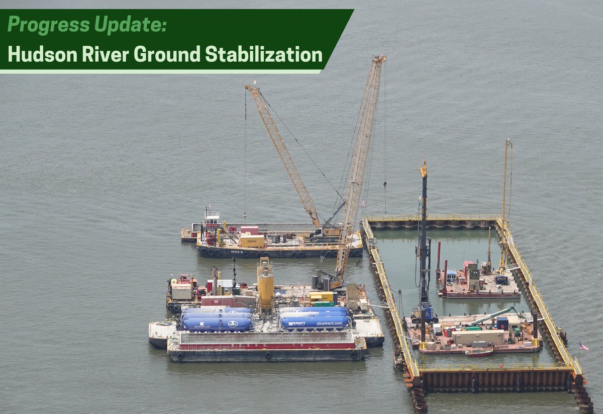 GatewayProgNews's tweet image. Now that summer is here, we're preparing for in-water work on the Hudson River Ground Stabilization project to resume, shifting the temporary cofferdam in the Hudson River east toward Manhattan. Work to stabilize the riverbed for tunnel boring will continue inside the cofferdam.