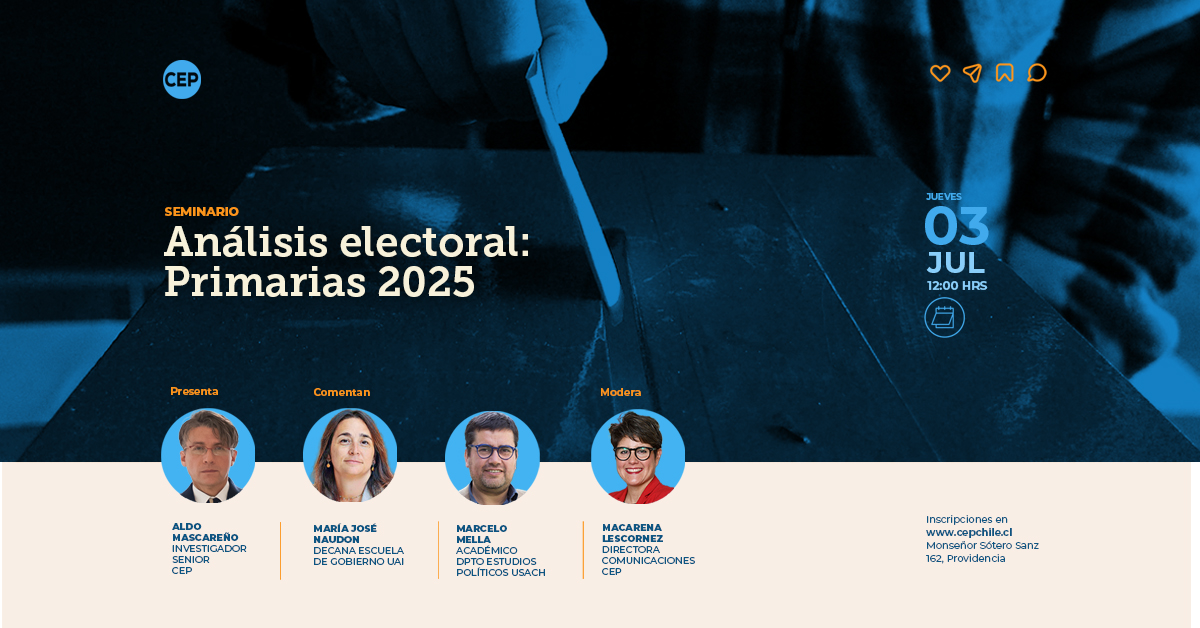 El CEP (@cepchile) on Twitter photo #ElCEPInvita al seminario "Análisis electoral: Primarias 2025".
Presenta Aldo Mascareño, investigador senior CEP. Comentan <a href="/MJNaudon/">María José Naudon</a> (<a href="/GobiernoUAI/">Gobierno UAI</a>) y <a href="/mellapolanco/">marcelo mella</a> (<a href="/Dep_usach/">Departamento de Estudios Políticos</a>). Modera <a href="/MacaLescornez/">Macarena Lescornez</a>, directora Comunicaciones CEP.
✍️ Inscripciones aquí: ow.ly/kKMU50WhwmO #ElCEPInvita al seminario "Análisis electoral: Primarias 2025".
Presenta Aldo Mascareño, investigador senior CEP. Comentan <a href="/MJNaudon/">María José Naudon</a> (<a href="/GobiernoUAI/">Gobierno UAI</a>) y <a href="/mellapolanco/">marcelo mella</a> (<a href="/Dep_usach/">Departamento de Estudios Políticos</a>). Modera <a href="/MacaLescornez/">Macarena Lescornez</a>, directora Comunicaciones CEP.
✍️ Inscripciones aquí: ow.ly/kKMU50WhwmO
