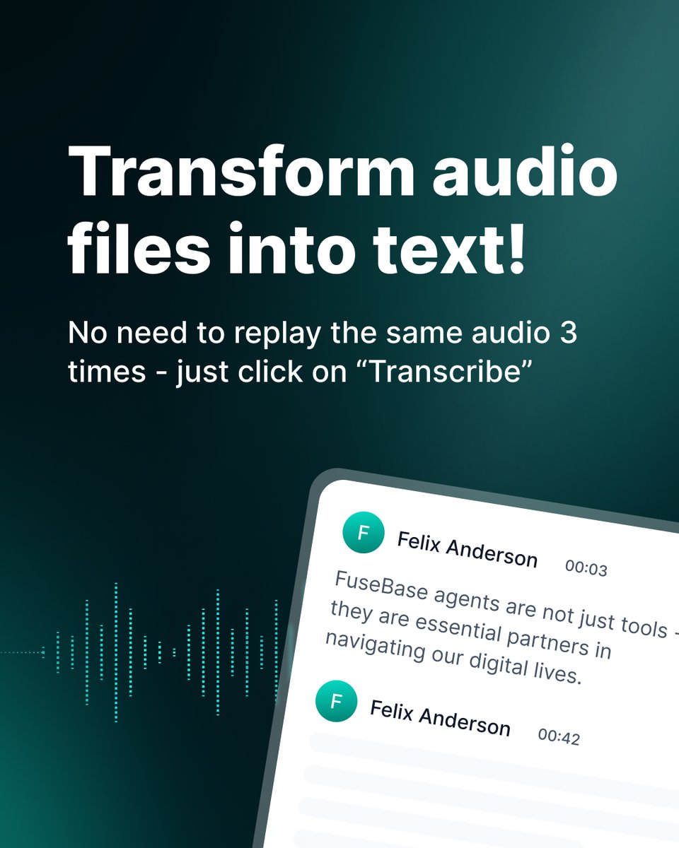 nimbuswebinc's tweet image. 🆕 #FuseBaseUpdate
From 🔊 to 📝 in a second!
Remember our time-saving video transcription? Now, you can transcribe audio files too! All your meetings, long voice messages, and interviews—handled

🎙️ Easily extract text content from your audio
🎙️ Record it directly on the…