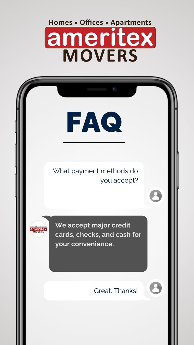 AmeritexMovers's tweet image. #FAQ ❓

✔️ We accept major credit cards, checks, and cash for your convenience, making it easy for you to pay for your move however you prefer. 💳💵

At Ameritex Movers, we strive to make every part of your move simple and stress-free! 🚚✨

#AmeritexMovers #StressFreeMoving