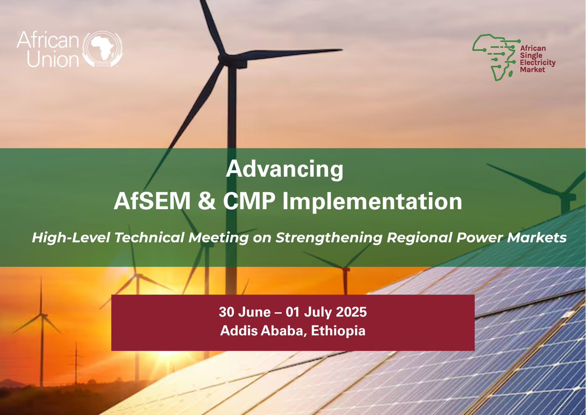 African Union | Infrastructure & Energy (@au_ied) on Twitter photo 🎙️ Media Invitation | High-Level Meeting on #AfSEM & #CMP
The <a href="/_AfricanUnion/">African Union</a> invites media to cover the event on 30 June–1 July at AU HQ, Addis Ababa.
Theme: Strengthening Regional Power Markets for a Unified and Sustainable African Electricity Future
▶️bit.ly/4elpmTE 🎙️ Media Invitation | High-Level Meeting on #AfSEM & #CMP
The <a href="/_AfricanUnion/">African Union</a> invites media to cover the event on 30 June–1 July at AU HQ, Addis Ababa.
Theme: Strengthening Regional Power Markets for a Unified and Sustainable African Electricity Future
▶️bit.ly/4elpmTE