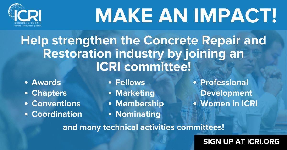 Join an ICRI committee! 💪

Committees help shape the future of ICRI. This is a great way to gain leadership skills, connect with your industry peers, and make a difference.

Check out our list of committees: icri.org/icri-committee…