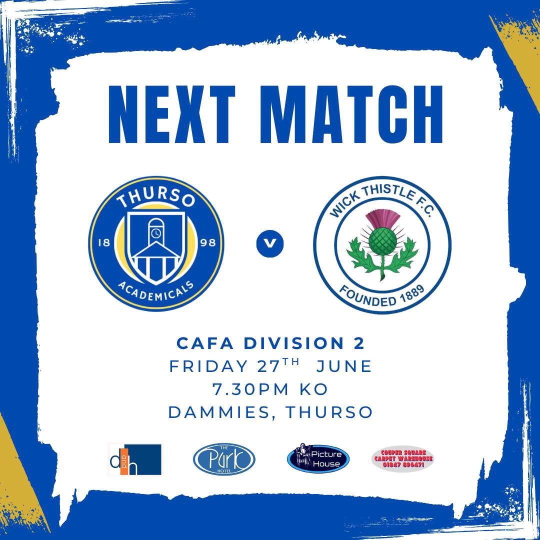 𝗡𝗘𝗫𝗧 𝗠𝗔𝗧𝗖𝗛
Our match against Wick Thistle, which was abandoned on 16th June has been rearranged for tonight with a 7.30pm KO at the Dammies.

Get your Friday night football fix by coming down to support the boys as they look to close the gap on the league leaders.