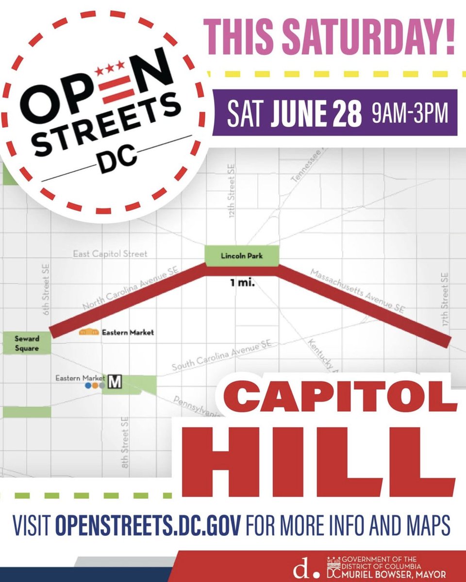 The big day is almost here! Join the #DCStreetcar team tomorrow, 6/28, from 9–3 at Open Streets on Capitol Hill!☀️ 

Find us on North Carolina Ave SE between 6th &amp; 7th, then explore the car-free fun from 6th to 17th St SE!

We can't wait to see you!
 
 #OpenStreetsDC #RideWithUs