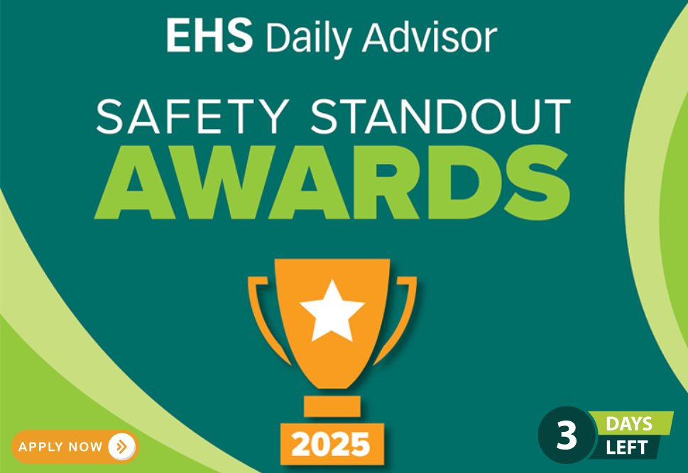 Only 3 days left!⌛
Apply now for the Categories that include Best Overall Safety Program and Culture, ESG Champion, Innovations in Safety Training, Moving Beyond Compliance, Safety Technology &amp; Innovation, and Young Safety Professional Excellence 🏆: bit.ly/3G1Kt0J #EHS