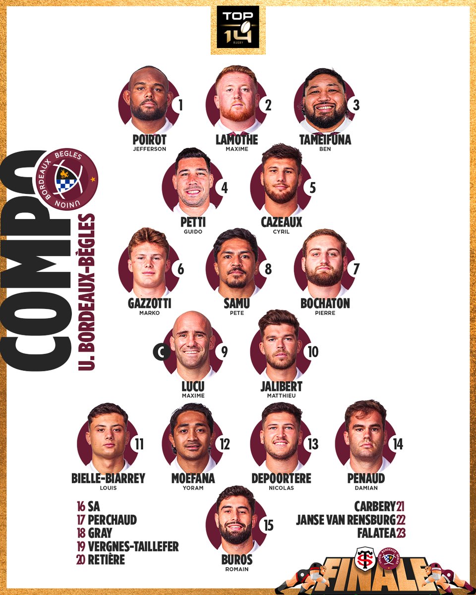 Les compositions de la #FinaleTOP14 sont OFFICIELLES 🔥

Qui du <a href="/StadeToulousain/">Stade Toulousain</a> ou de <a href="/UBBrugby/">Union Bordeaux Bègles</a> soulèvera le bouclier de Brennus demain soir ? 👀