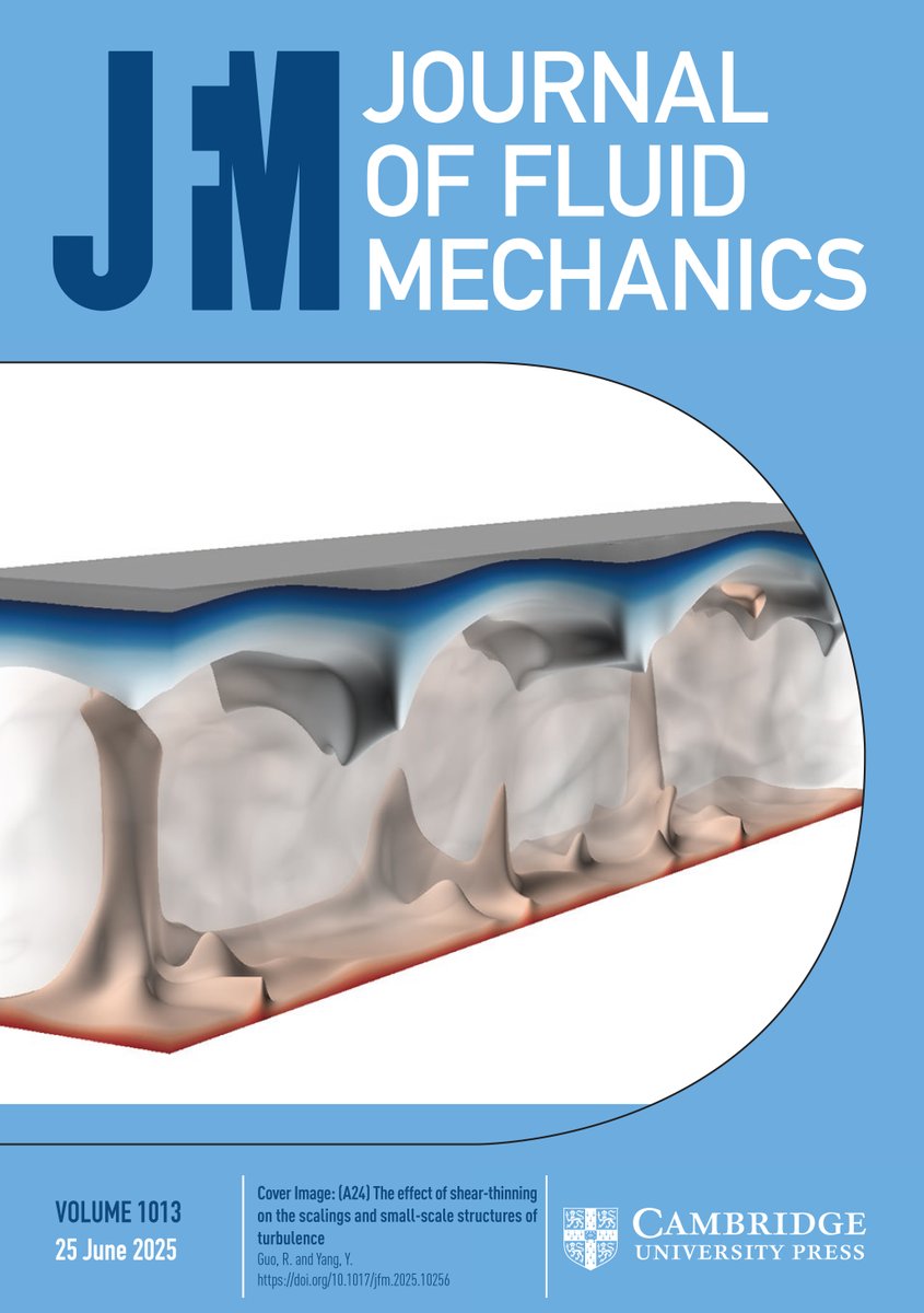 JFluidMech's tweet image. New Volume of Journal of Fluid Mechanics available on Cambridge Core cup.org/44mufY2
New Volume = New Cover
📸 (A24) The effect of shear-thinning on the scalings and small-scale structures of
turbulence Guo, R. and Yang, Y. doi.org/10.1017/jfm.20…