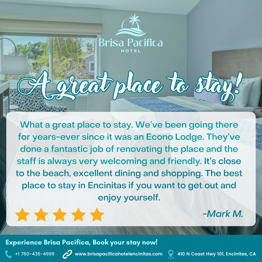 BrisaPacifica's tweet image. "A great place to stay!" ⭐⭐⭐⭐⭐
Welcoming staff, fresh renovations, and close to it all — no wonder guests keep coming back to Brisa Pacifica Hotel! 🌴

#EncinitasStay #BrisaPacifica #GuestReview #SoCalGetaway