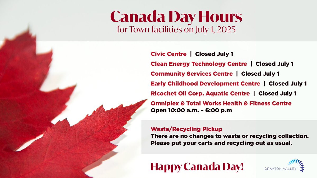 Town facilities will have altered hours/closures in observance of Canada Day (July 1), and will re-open with regular business hours on July 2. There will be no changes to the waste/recycling collection schedule for Tuesday, July 1.