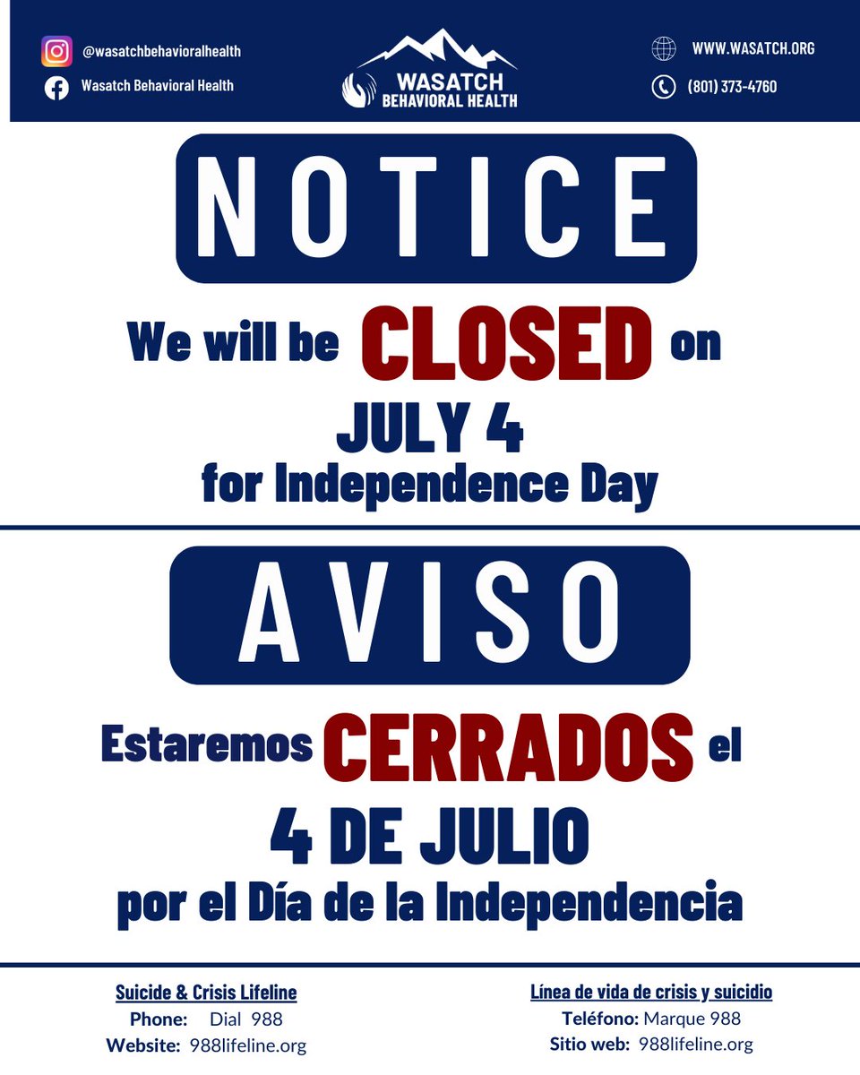 The majority of Wasatch Behavioral Health will be closed (with the exception of 24-hour programs) on Friday, July 4 for Independence Day. 
The UA Lab will be open from 9 a.m. to 12 p.m this day.
