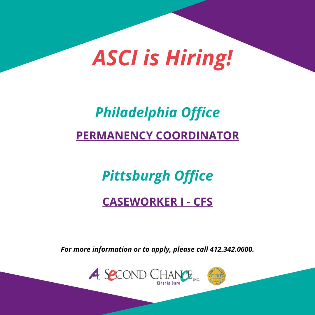 WE'RE HIRING! Contact us today if you want to serve #children and #families in a fast-paced work environment! Check out our website for all open positions! asecondchance-kinship.com/careers/open-p… 

#asci #workwithus #Pittsburghjobs #yourehired #familiesmatter #socialwork