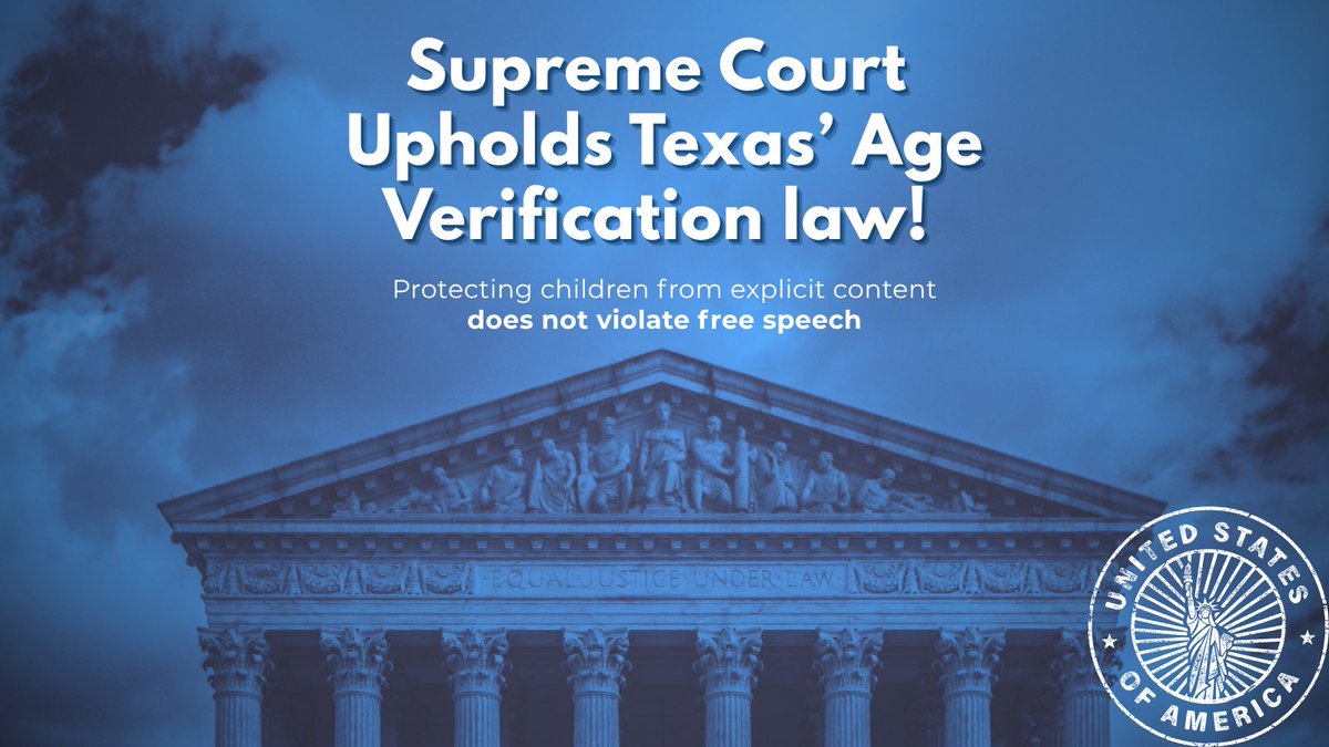 Victory! The Supreme Court upheld Texas’s age verification law (HB 1181), ruling it constitutional to require porn sites to verify users are 18+. Protecting children from explicit content does not violate free speech. Huge win for child safety! 

#scotus #endexploitation