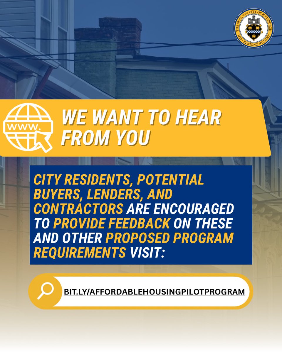 MayorEdGainey's tweet image. 🏡 The City of Pittsburgh & Mayor Ed Gainey want your input!
We're launching a 90-day public comment period on a new Affordable Housing Pilot to help residents buy City-owned homes.
📢 Share your thoughts: engage.pittsburghpa.gov/affordable-hou…