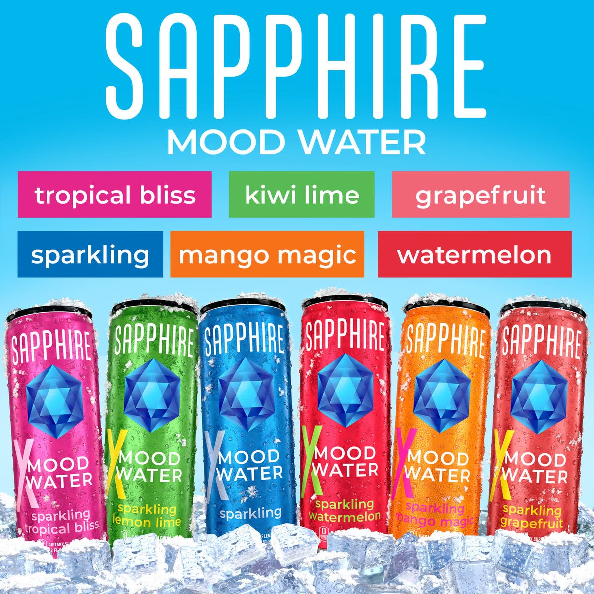 Sapphire Mood Water an illuminating sparkling water, crisp &amp; deliciously refreshing. Naturally mood &amp; energy boosting, Sapphire must be experienced to be believed.
Available in 6 mouth watering flavors. Choose your favorite, or the Variety Pack and experience all 6.