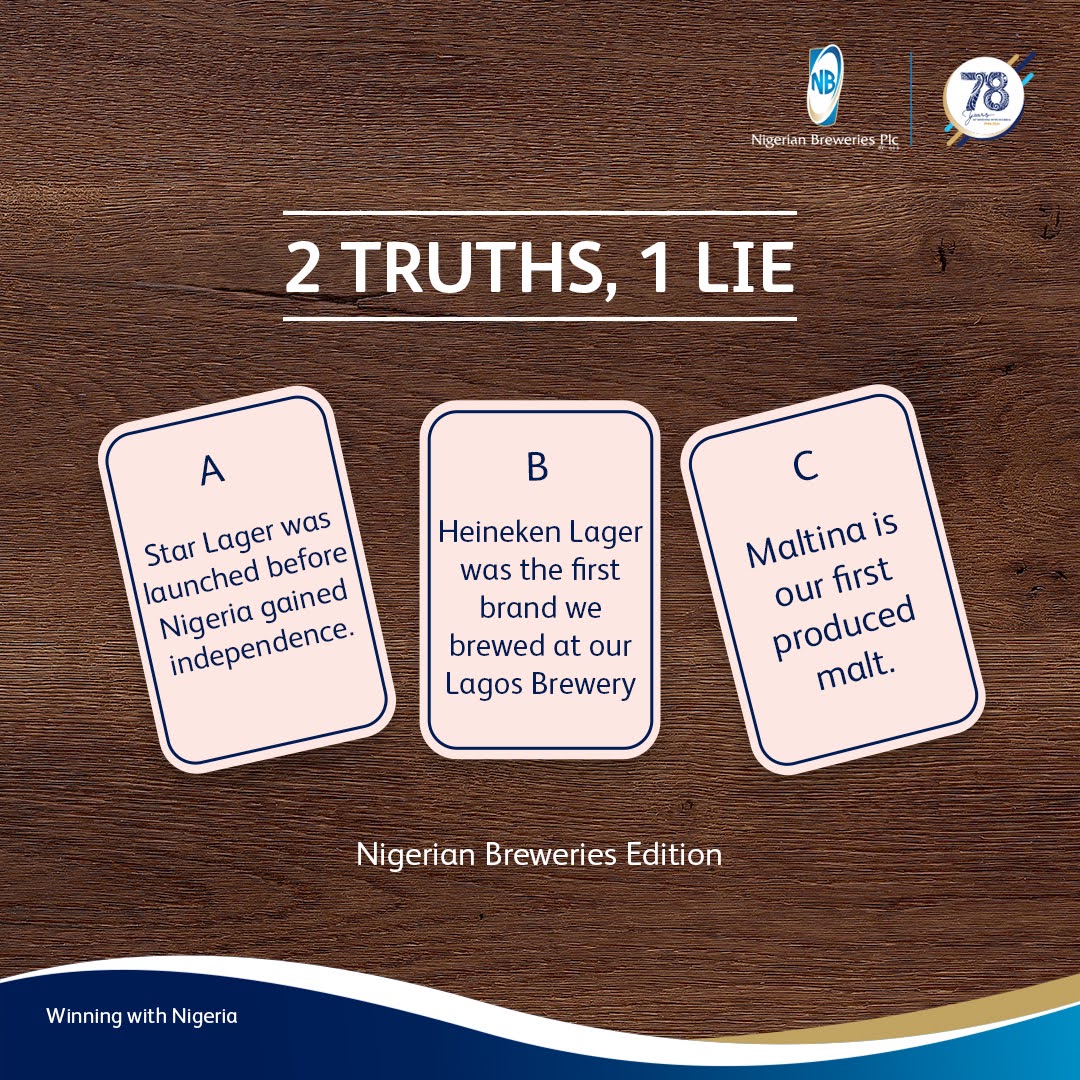 Spot the lie!

Can you tell which one’s not true?

Share the lie in the comments.

#TGIF
#WeAreNigerianBreweriesPLC
#BrewABetterWorld