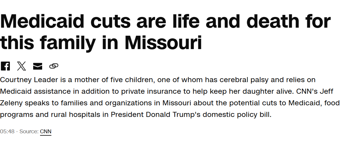 #Medicaidcuts impact everyone! Watch more of <a href="/CNN/">CNN</a>'s coverage on how a mother in #rural Missouri would be devastated with the cuts in the current #reconciliationbill 

cnn.com/2025/06/26/pol…