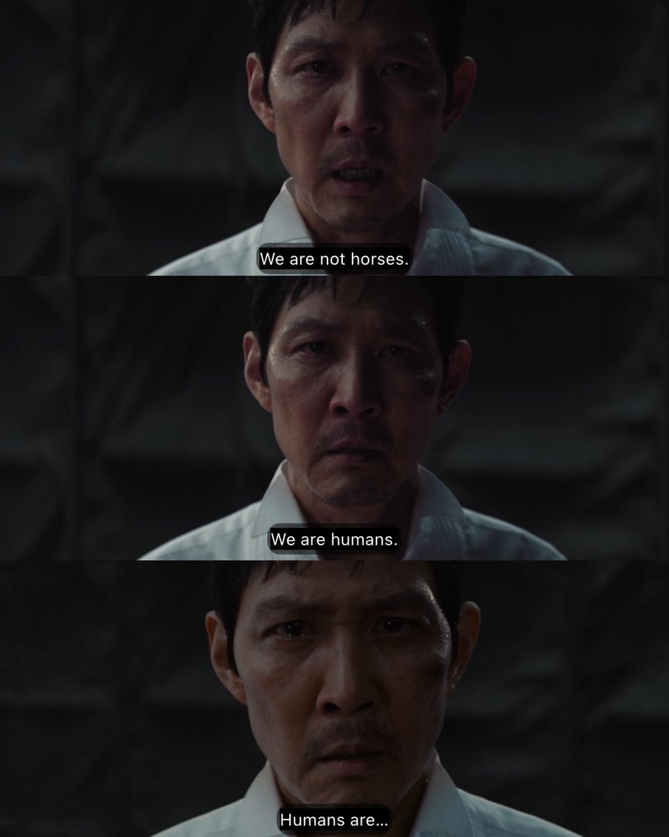 Seong Gihun (player 456) last words
“We are not horses. We are humans. Humans are…” hold deep symbolic and emotional weight. Though the sentence trails off, the meaning is clear and powerful.
#SquidGame    #SquidGameS3      
#SquidGameSeason3    #SquidGame3