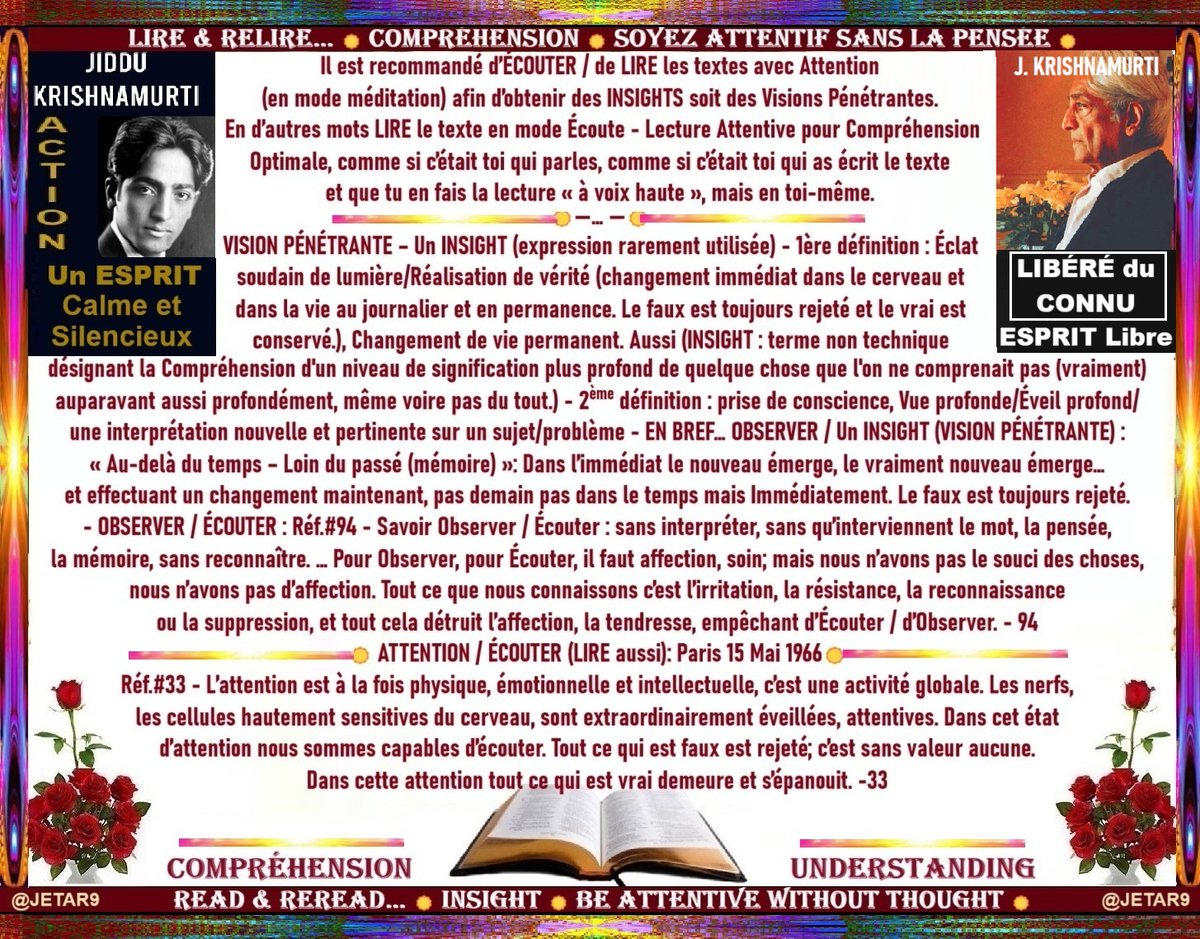 JETAR9's tweet image. 07F/59 #JidduKrishnamurti
☀ #Causerie #Dialogue ☀
EXTRAITS des #Causeries de #JKrishnamurti
EXCERPTS from the #PublicTalks of #Krishnamurti
☀―…―☀
J. Krishnamurti avec les bouddhistes.
L’humanité peut-elle changer ?
#Écouter
Je ne pense pas que nous sachions ce que signifie…