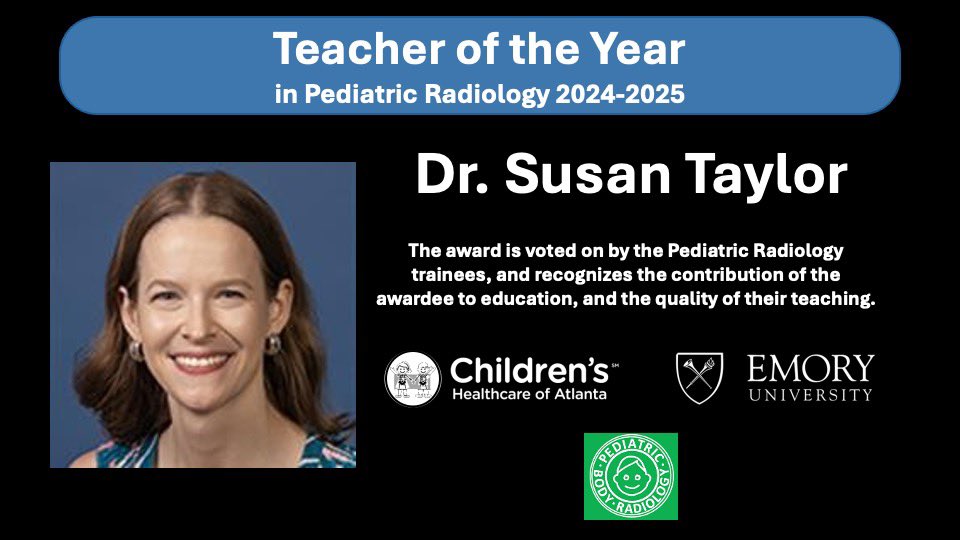 Radiology Children's Healthcare of Atlanta (@childrensatlrad) on Twitter photo Congratulations to Susan Taylor, DO for being earning the 2024-2025 Teacher of the Year Award for Pediatric Body Radiology <a href="/childrensatl/">Children's</a> <a href="/EmoryMedicine/">Emory School of Medicine</a> As assistant program director sheās brought structure & cohesion to the resident track system. Thank you, Dr. Taylor! š« Congratulations to Susan Taylor, DO for being earning the 2024-2025 Teacher of the Year Award for Pediatric Body Radiology <a href="/childrensatl/">Children's</a> <a href="/EmoryMedicine/">Emory School of Medicine</a> As assistant program director sheās brought structure & cohesion to the resident track system. Thank you, Dr. Taylor! š«