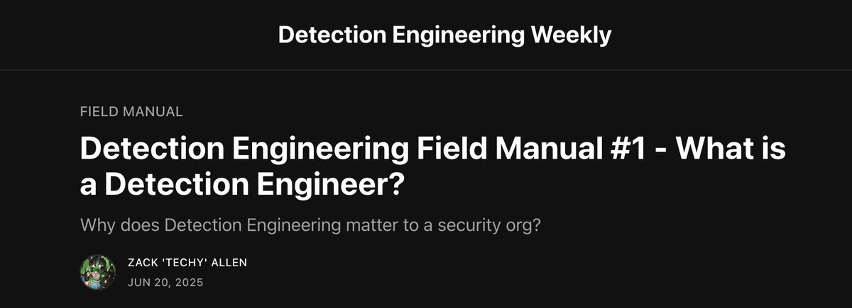 Clint Gibler (@clintgibler) on Twitter photo ๐ฌWhat is a Detection Engineer, and how do you become one?
New blog series by <a href="/datadoghq/">Datadog, Inc.</a>'s Head of Detection & Research Zack Allen, covering:
An overview of what is a detection engineer and how they fit into a cybersecurity function.
Within the NIST Cybersecurity Framework ๐ฌWhat is a Detection Engineer, and how do you become one?
New blog series by <a href="/datadoghq/">Datadog, Inc.</a>'s Head of Detection & Research Zack Allen, covering:
An overview of what is a detection engineer and how they fit into a cybersecurity function.
Within the NIST Cybersecurity Framework