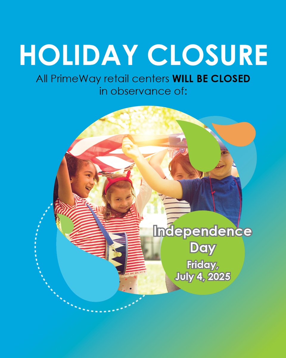 In observance of Independence Day, all PrimeWay retail centers will be closed on Friday, July 4. 🇺🇸

We will reopen on Saturday, July 5. Don’t forget that you can still manage your banking needs anytime through our mobile app. #PrimeWay #IndependenceDay