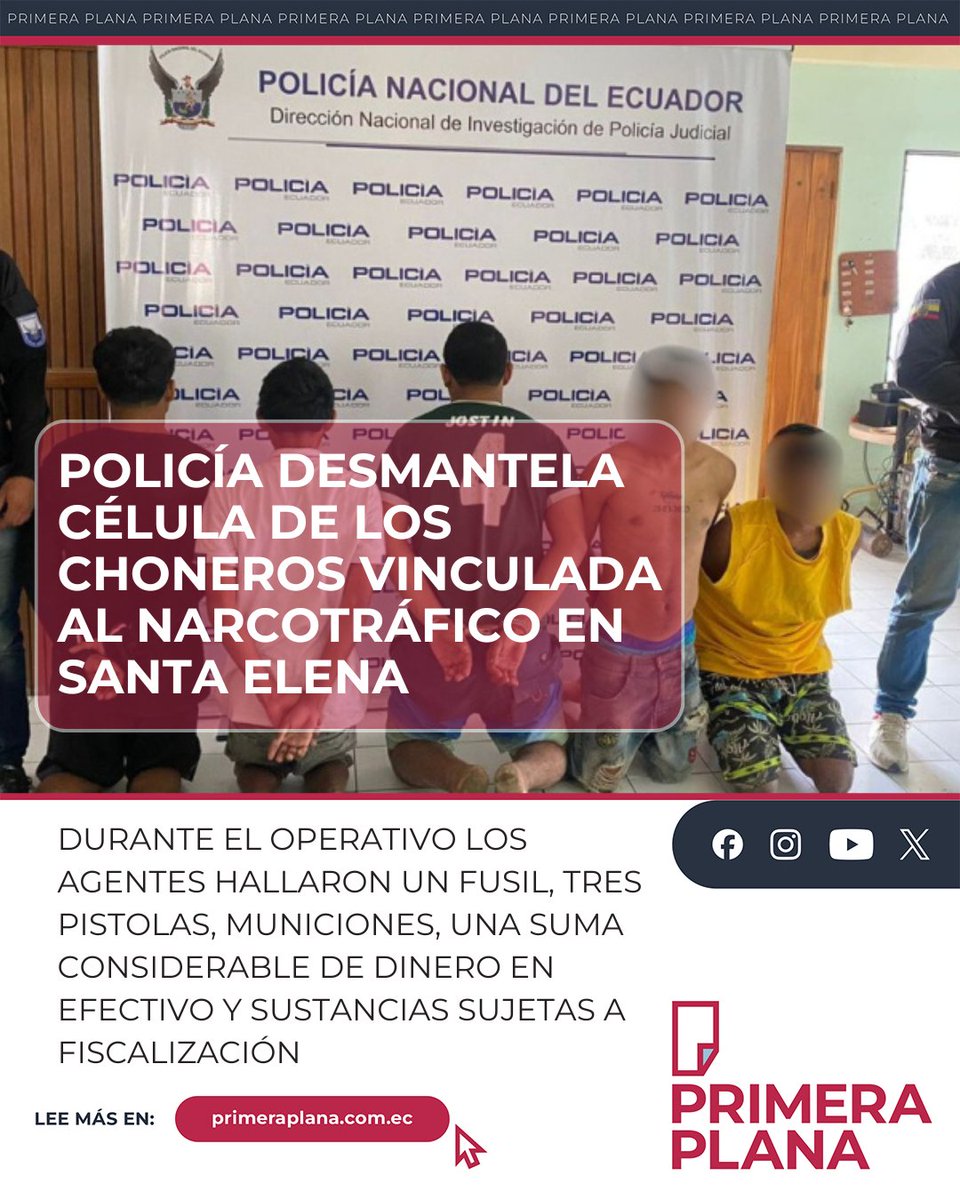 PrimeraPlanaECU's tweet photo. #ATENCIÓN| En un operativo denominado #Apolo10, la Policía Nacional desarticuló una célula de la organización criminal Los Choneros. La estructura delictiva estaría dedicada al tráfico de drogas y hechos violentos en la provincia de Santa Elena.
https://t.co/gKVtN33paB https://t.co/OFhbZo9Qks